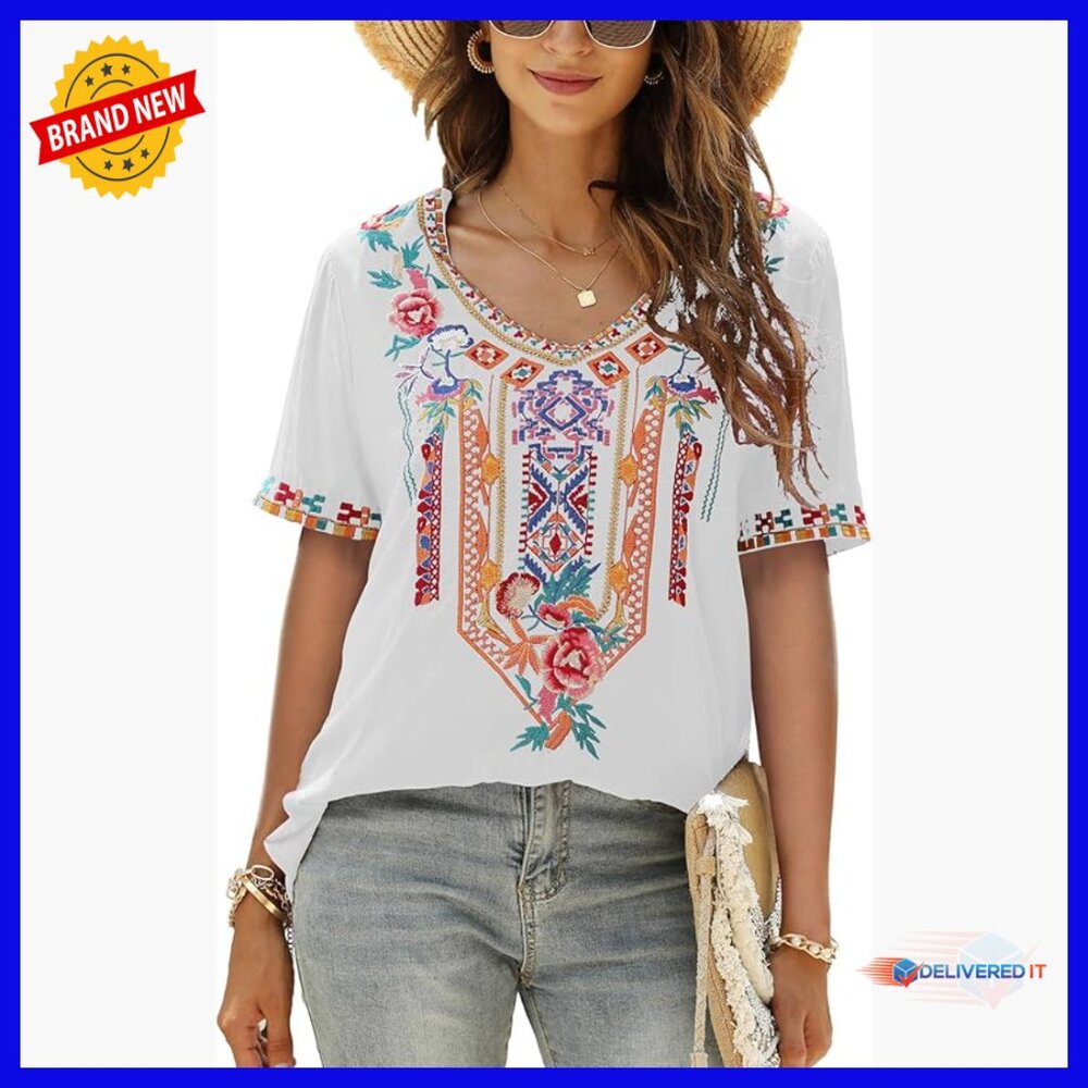 Women's Bohemian Embroidered Rayon Tunic Top Loose Fit V-Neck